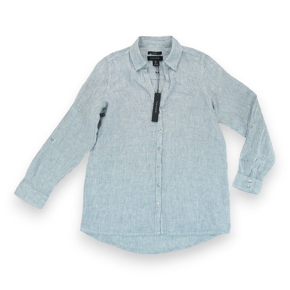 NWT TAHARI 100% Linen Women's Long Sleeve Button Down Shirt Small Gray Stripe